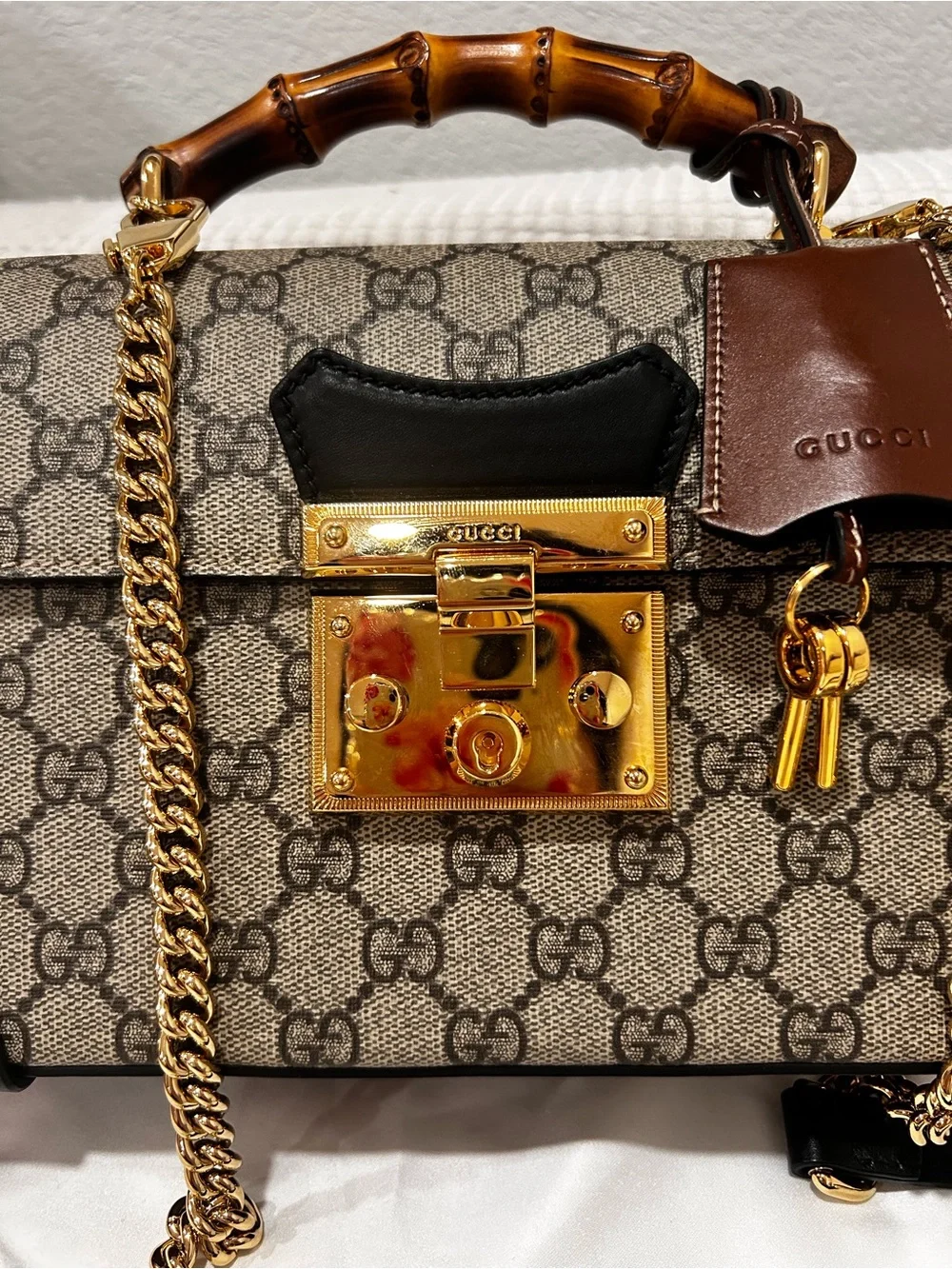 Authentic Gucci GG Monogram Supreme Padlock Small Satchel Bag
